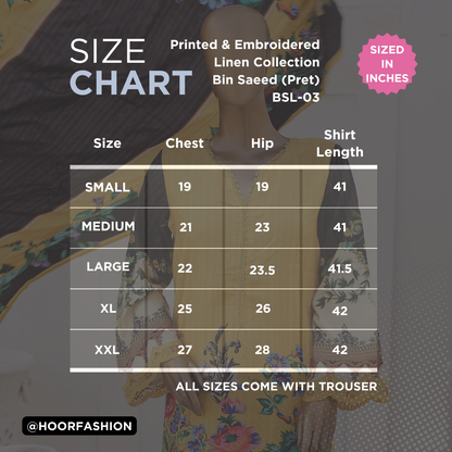 BSL-03 - Ready to Wear 3PC - Printed & Embroidered Linen Collection by Bin Saeed (Pret)