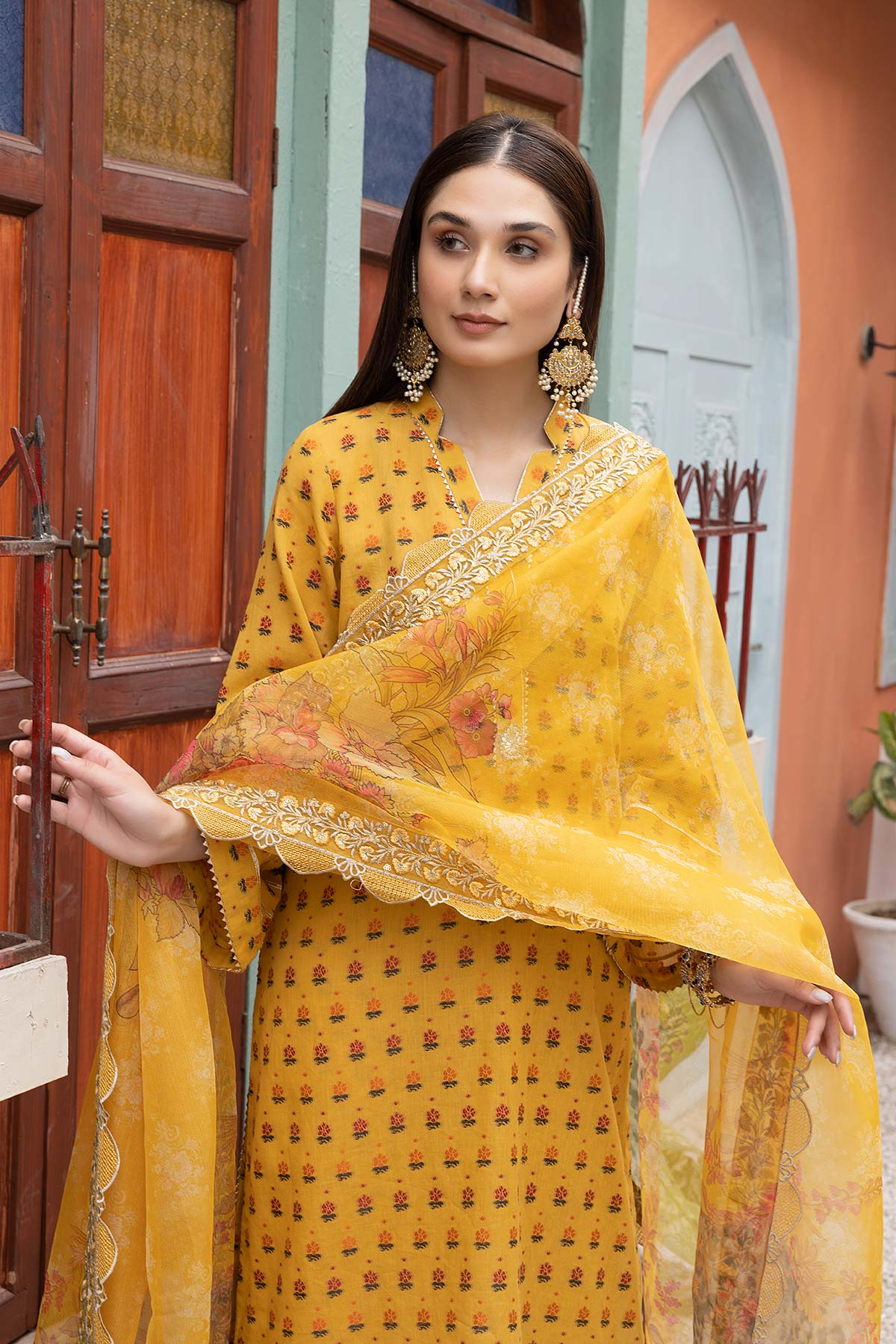 CPM23-31 - Readymade 3PC - Cotton Broshia Shirt & Trouser with Printed Fancy Net Dupatta by Charizma (Pret)