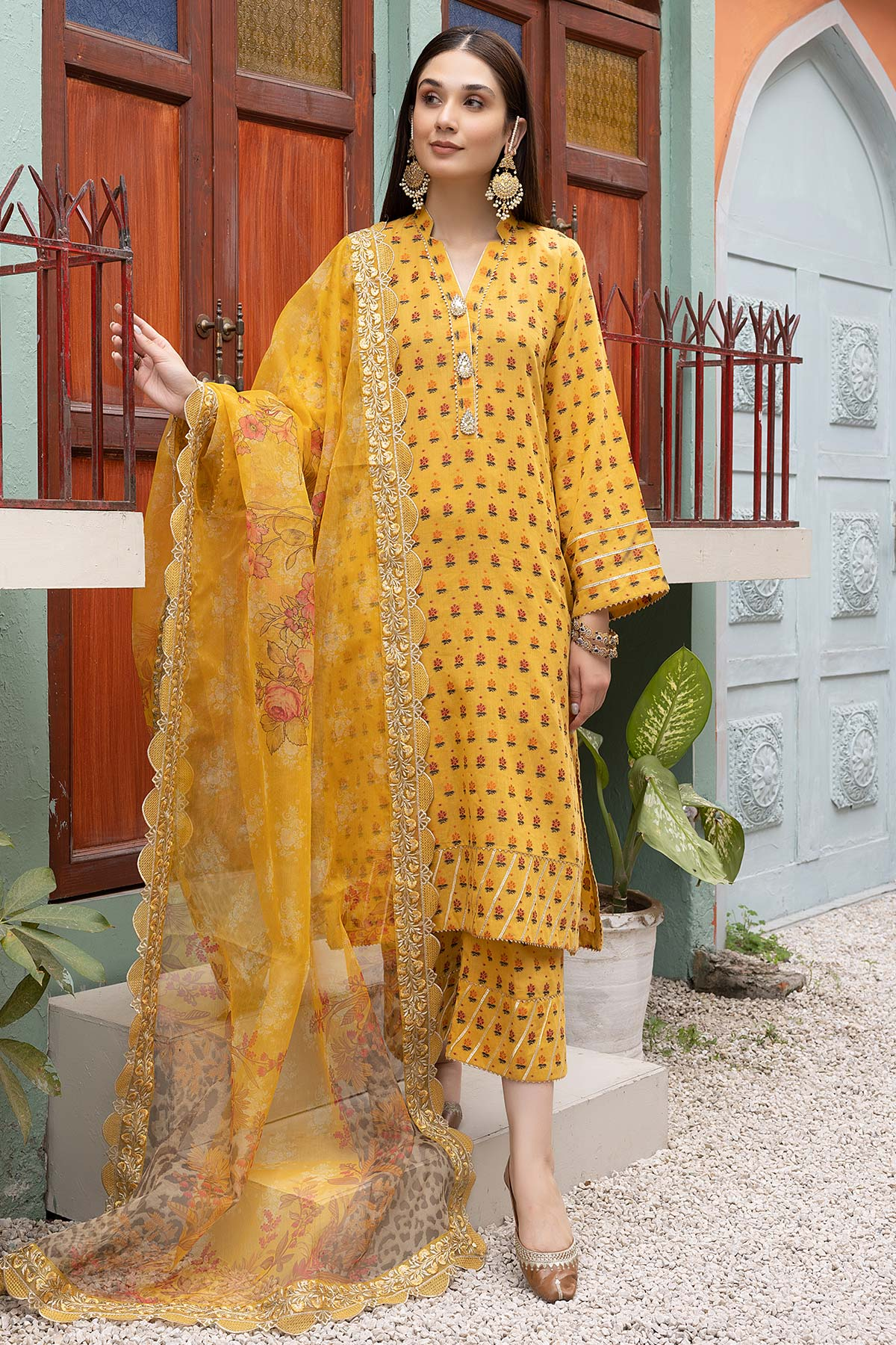 CPM23-31 - Readymade 3PC - Cotton Broshia Shirt & Trouser with Printed Fancy Net Dupatta by Charizma (Pret)