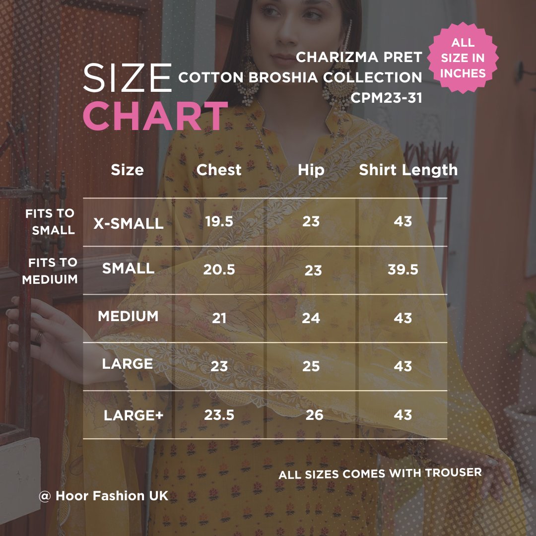 CPM23-31 - Readymade 3PC - Cotton Broshia Shirt & Trouser with Printed Fancy Net Dupatta by Charizma (Pret)