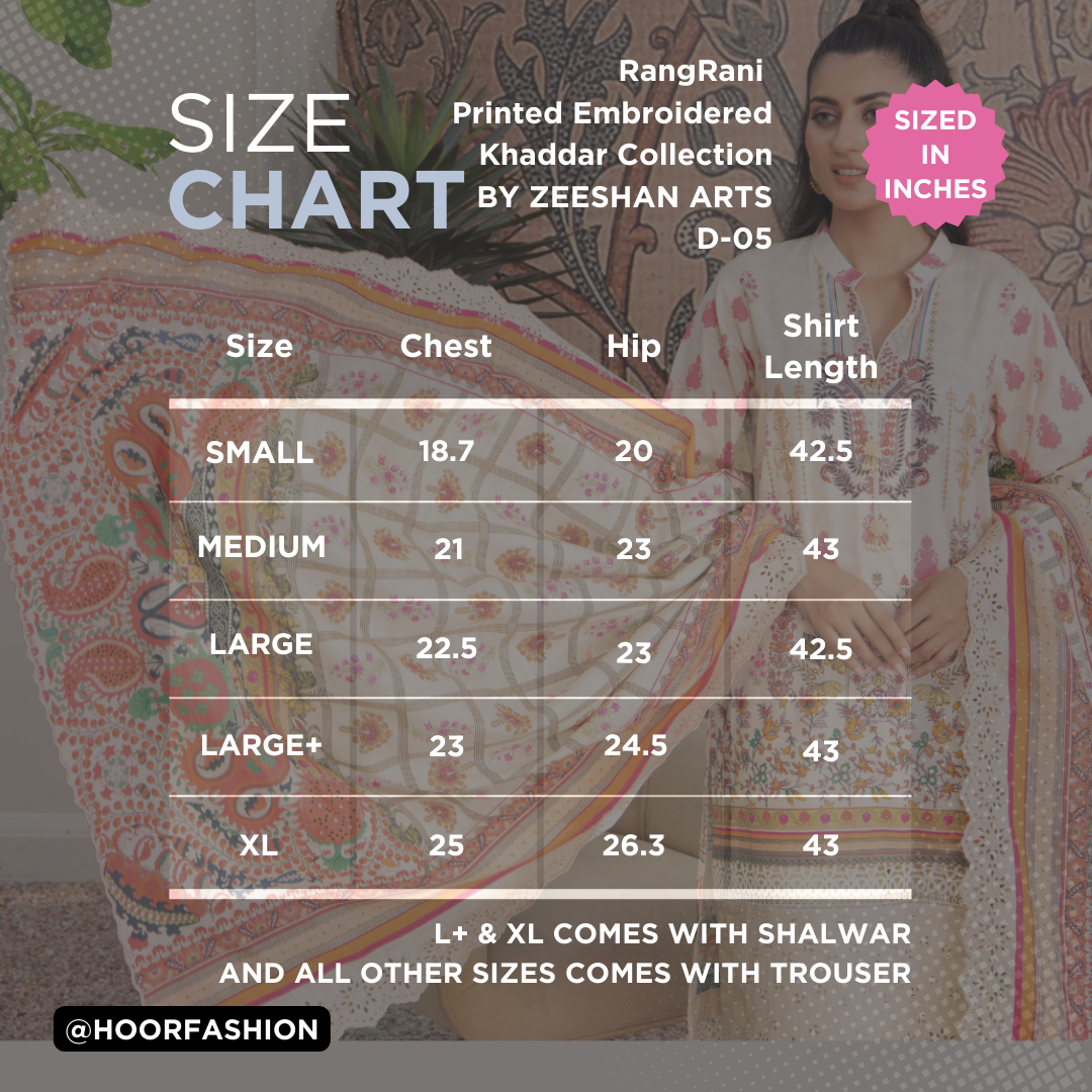 D-05 - Fully Stitched 3PC - Printed & Embroidered Slub Khaddar Collection - RANGRANI by Zeeshan Arts