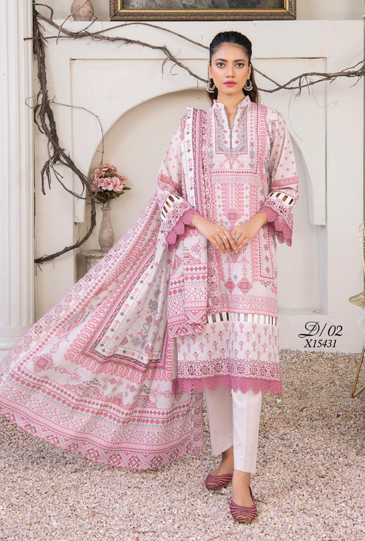 D-02 - Fully Stitched 3PC - Printed & Embroidered Slub Khaddar Collection - RANGRANI by Zeeshan Arts