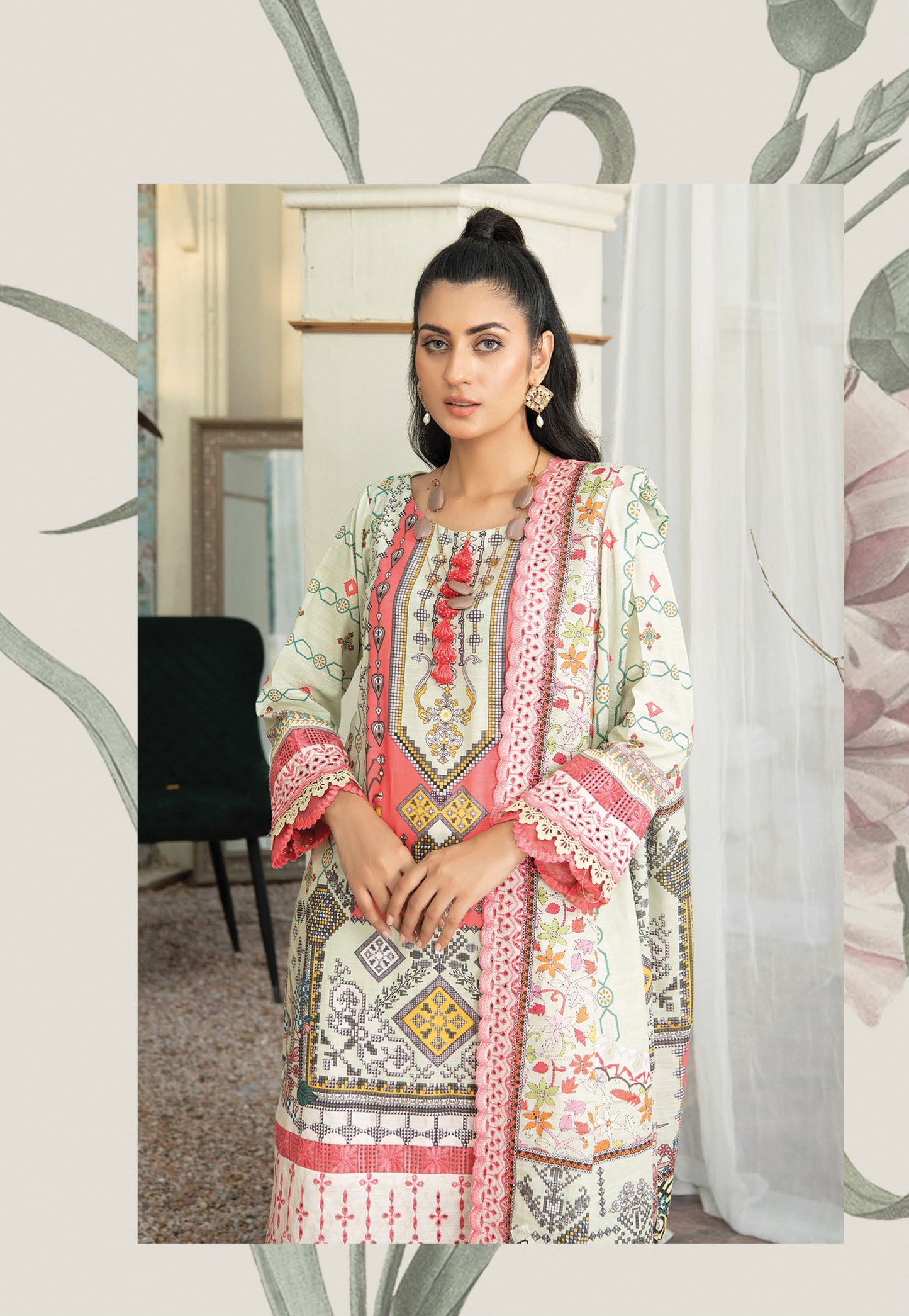 D-10 - Fully Stitched 3PC - Printed & Embroidered Slub Khaddar Collection - RANGRANI by Zeeshan Arts